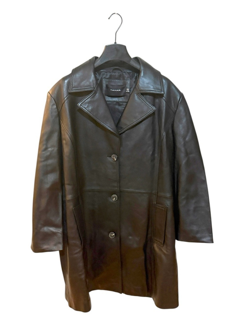 Tahari Black 100% Genuine Leather Trench Coat Belted XXL. Like New! - Picture 4 of 11